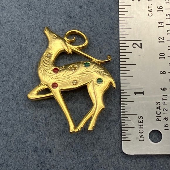 Christmas Pin Brooch Graceful Gold Reindeer Art Deco Rhinestone Red Green - Picture 6 of 6